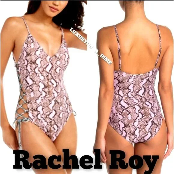 Rachel Roy S Corset Laced Side Pink Snake Python Swimsuit One-piece Swimwear